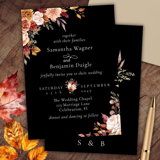 Elegant Black Fall Floral Wedding Invitation (Creator Uploaded)