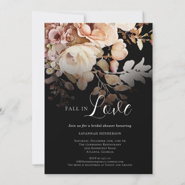 Elegant Black Fall In Love Floral Bridal Shower Invitation (Front)