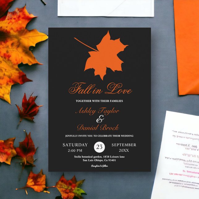 Elegant Black Fall Leaves Boho Chic Floral Wedding Invitation (Creator Uploaded)
