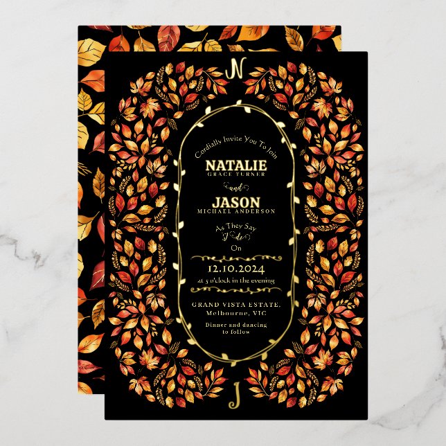 Elegant Black Fall Leaves Rustic Boho Wedding (Front/Back)