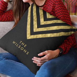 Elegant Black Family Name Chevron Pattern Cushion