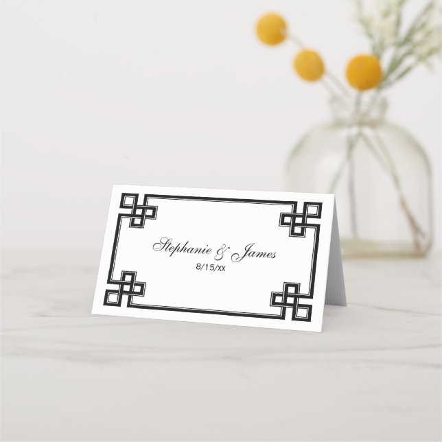 Elegant Black Fancy Greek Key Escort Cards (Front)