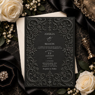 Elegant Black Faux Embossed Baroque Wedding Invitation