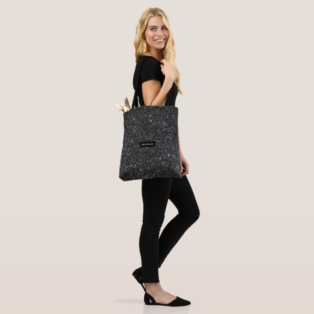 Elegant Black Faux Glitter Monogram Tote Bag (On Model)
