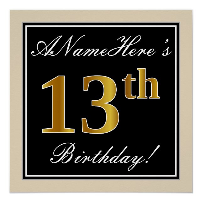 Elegant, Black, Faux Gold 13th Birthday + Name Poster (Front)