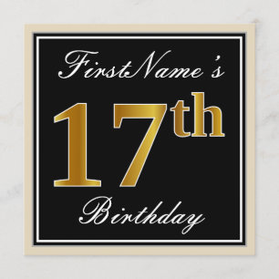 Elegant, Black, Faux Gold 17th Birthday + Name Invitation