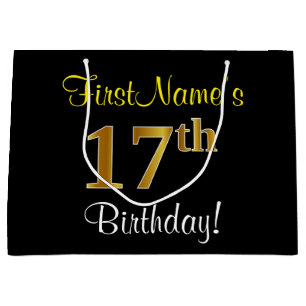 Elegant, Black, Faux Gold 17th Birthday + Name Large Gift Bag