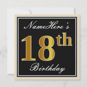 Elegant, Black, Faux Gold 18th Birthday + Name Invitation