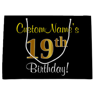 Elegant, Black, Faux Gold 19th Birthday + Name Large Gift Bag