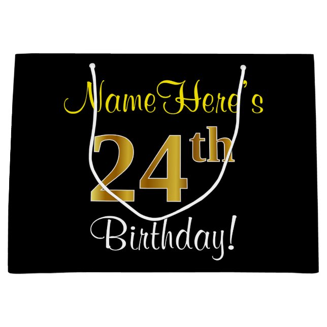 Elegant, Black, Faux Gold 24th Birthday + Name Large Gift Bag (Front)