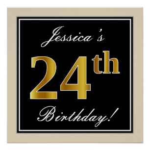 Elegant, Black, Faux Gold 24th Birthday + Name Poster