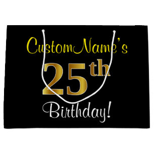 Elegant, Black, Faux Gold 25th Birthday + Name Large Gift Bag