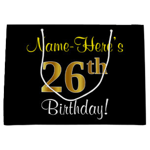 Elegant, Black, Faux Gold 26th Birthday + Name Large Gift Bag