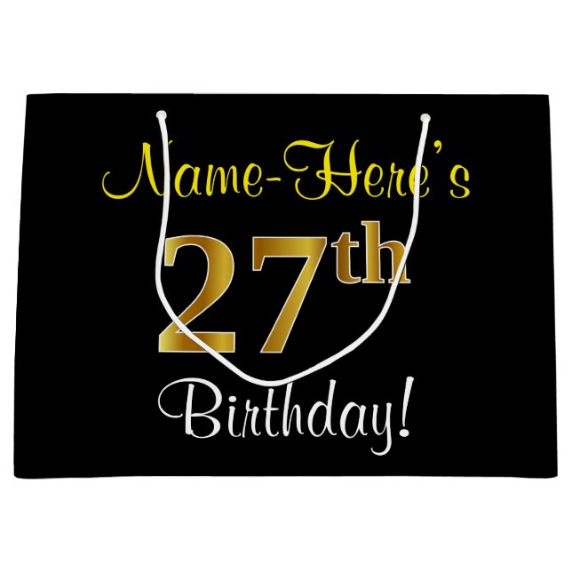 Elegant, Black, Faux Gold 27th Birthday + Name Large Gift Bag (Front)
