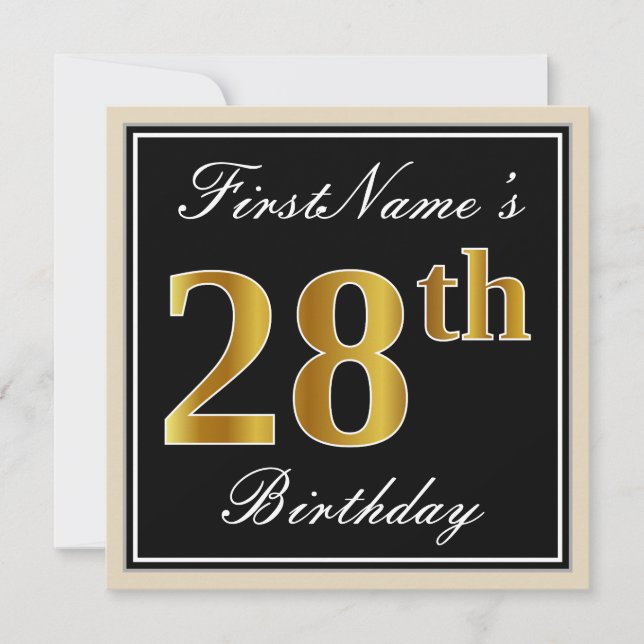Elegant, Black, Faux Gold 28th Birthday + Name Invitation (Front)