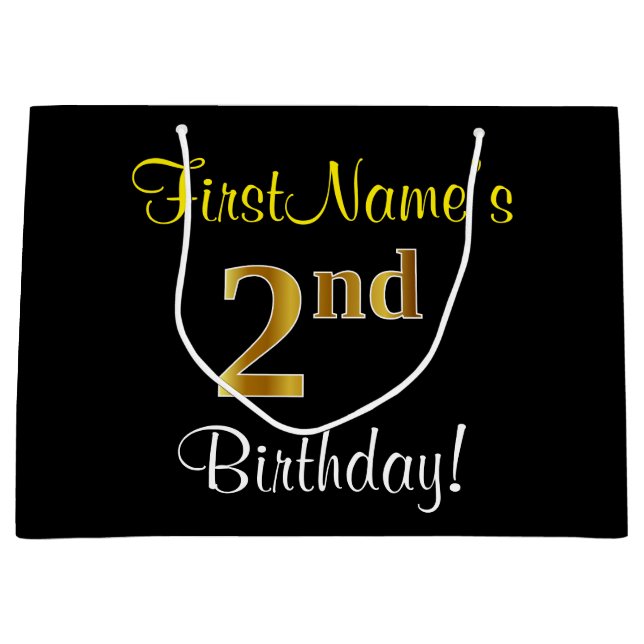 Elegant, Black, Faux Gold 2nd Birthday + Name Large Gift Bag (Front)