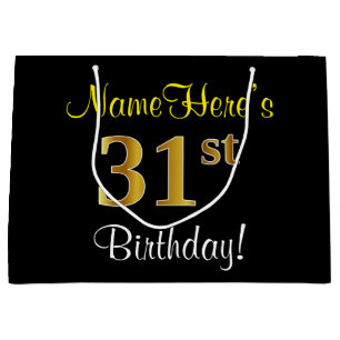 Elegant, Black, Faux Gold 31st Birthday + Name Large Gift Bag