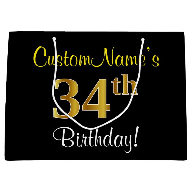 Elegant, Black, Faux Gold 34th Birthday + Name Large Gift Bag (Front)