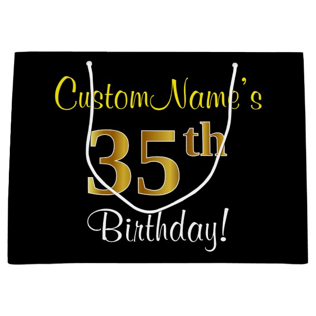 Elegant, Black, Faux Gold 35th Birthday + Name Large Gift Bag (Front)