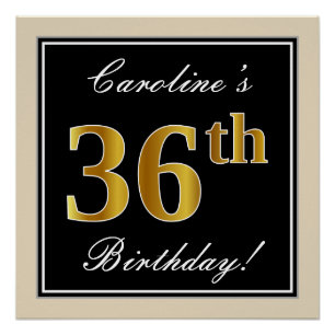 Elegant, Black, Faux Gold 36th Birthday + Name Poster