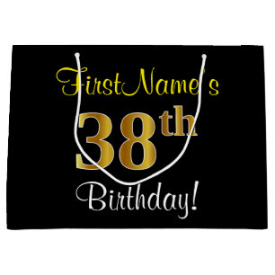Elegant, Black, Faux Gold 38th Birthday + Name Large Gift Bag