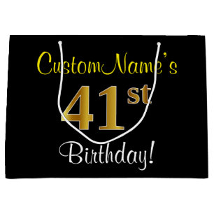 Elegant, Black, Faux Gold 41st Birthday + Name Large Gift Bag