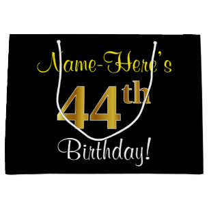 Elegant, Black, Faux Gold 44th Birthday + Name Large Gift Bag