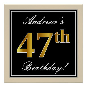 Elegant, Black, Faux Gold 47th Birthday + Name Poster