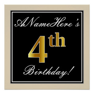 Elegant, Black, Faux Gold 4th Birthday + Name Poster