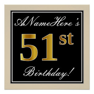 Elegant, Black, Faux Gold 51st Birthday + Name Poster