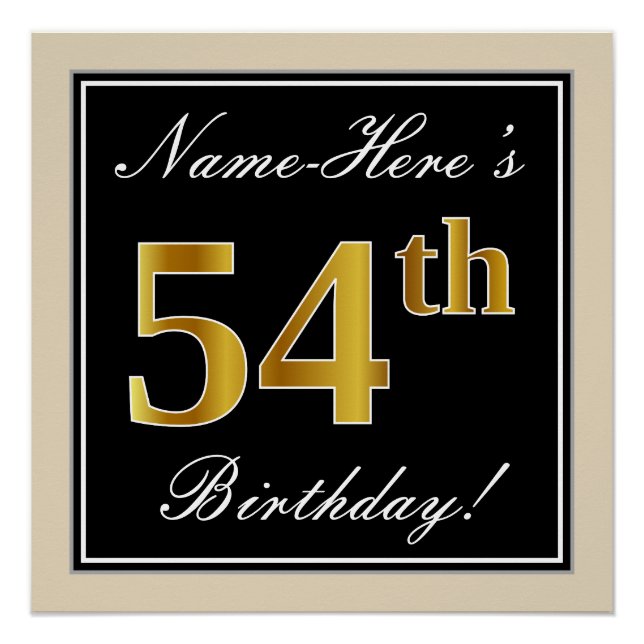 Elegant, Black, Faux Gold 54th Birthday + Name Poster (Front)
