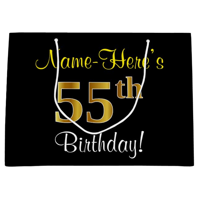 Elegant, Black, Faux Gold 55th Birthday + Name Large Gift Bag (Front)