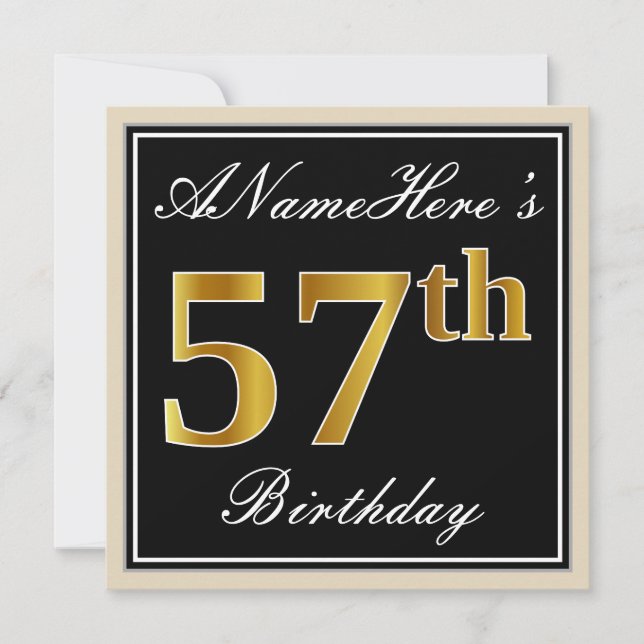 Elegant, Black, Faux Gold 57th Birthday + Name Invitation (Front)