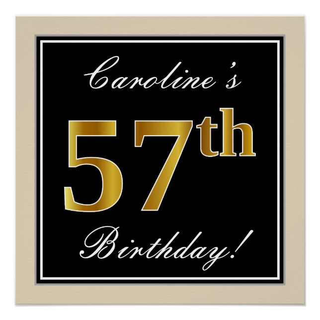 Elegant, Black, Faux Gold 57th Birthday + Name Poster (Front)