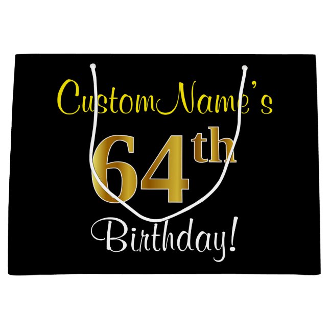 Elegant, Black, Faux Gold 64th Birthday + Name Large Gift Bag (Front)