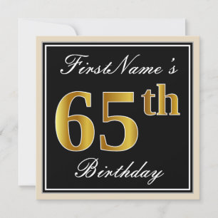 Elegant, Black, Faux Gold 65th Birthday + Name Invitation