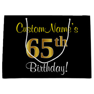 Elegant, Black, Faux Gold 65th Birthday + Name Large Gift Bag
