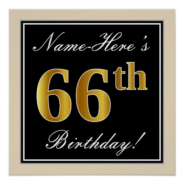 Elegant, Black, Faux Gold 66th Birthday + Name Poster (Front)
