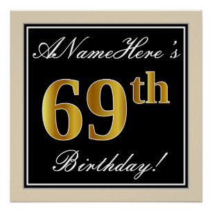 Elegant, Black, Faux Gold 69th Birthday + Name Poster