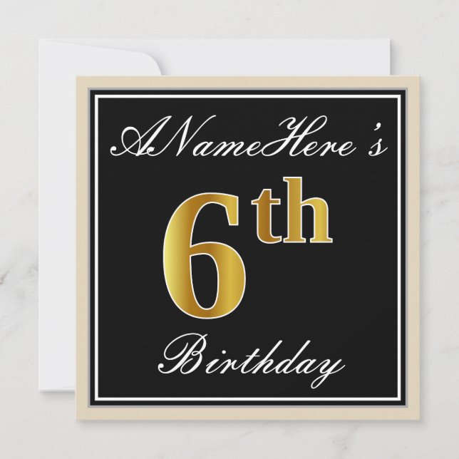 Elegant, Black, Faux Gold 6th Birthday + Name Invitation (Front)