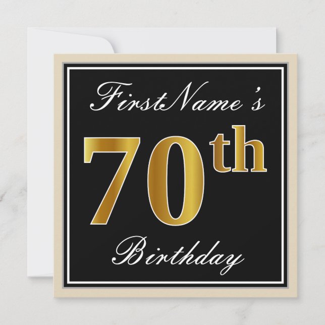Elegant, Black, Faux Gold 70th Birthday + Name Invitation (Front)