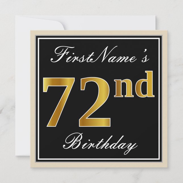 Elegant, Black, Faux Gold 72nd Birthday + Name Invitation (Front)