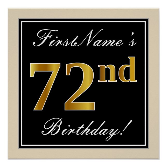Elegant, Black, Faux Gold 72nd Birthday + Name Poster (Front)
