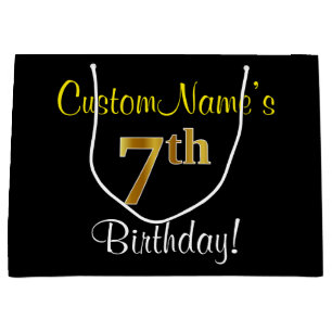 Elegant, Black, Faux Gold 7th Birthday + Name Large Gift Bag
