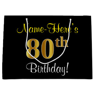 Elegant, Black, Faux Gold 80th Birthday + Name Large Gift Bag
