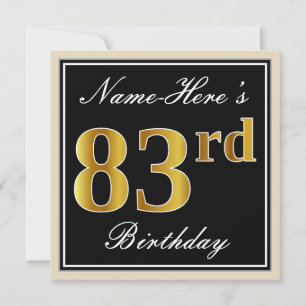 Elegant, Black, Faux Gold 83rd Birthday + Name Invitation