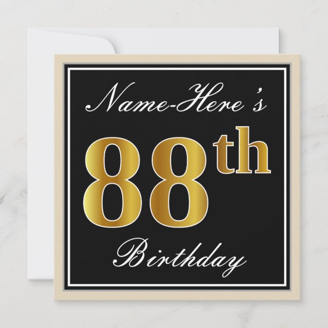 Elegant, Black, Faux Gold 88th Birthday + Name Invitation (Front)