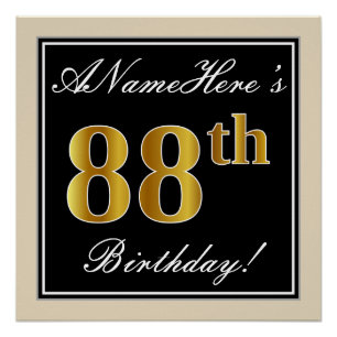 Elegant, Black, Faux Gold 88th Birthday + Name Poster