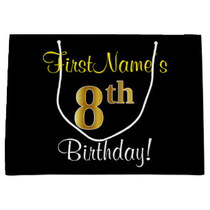 Elegant, Black, Faux Gold 8th Birthday + Name Large Gift Bag