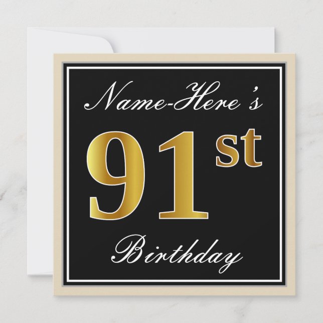 Elegant, Black, Faux Gold 91st Birthday + Name Invitation (Front)